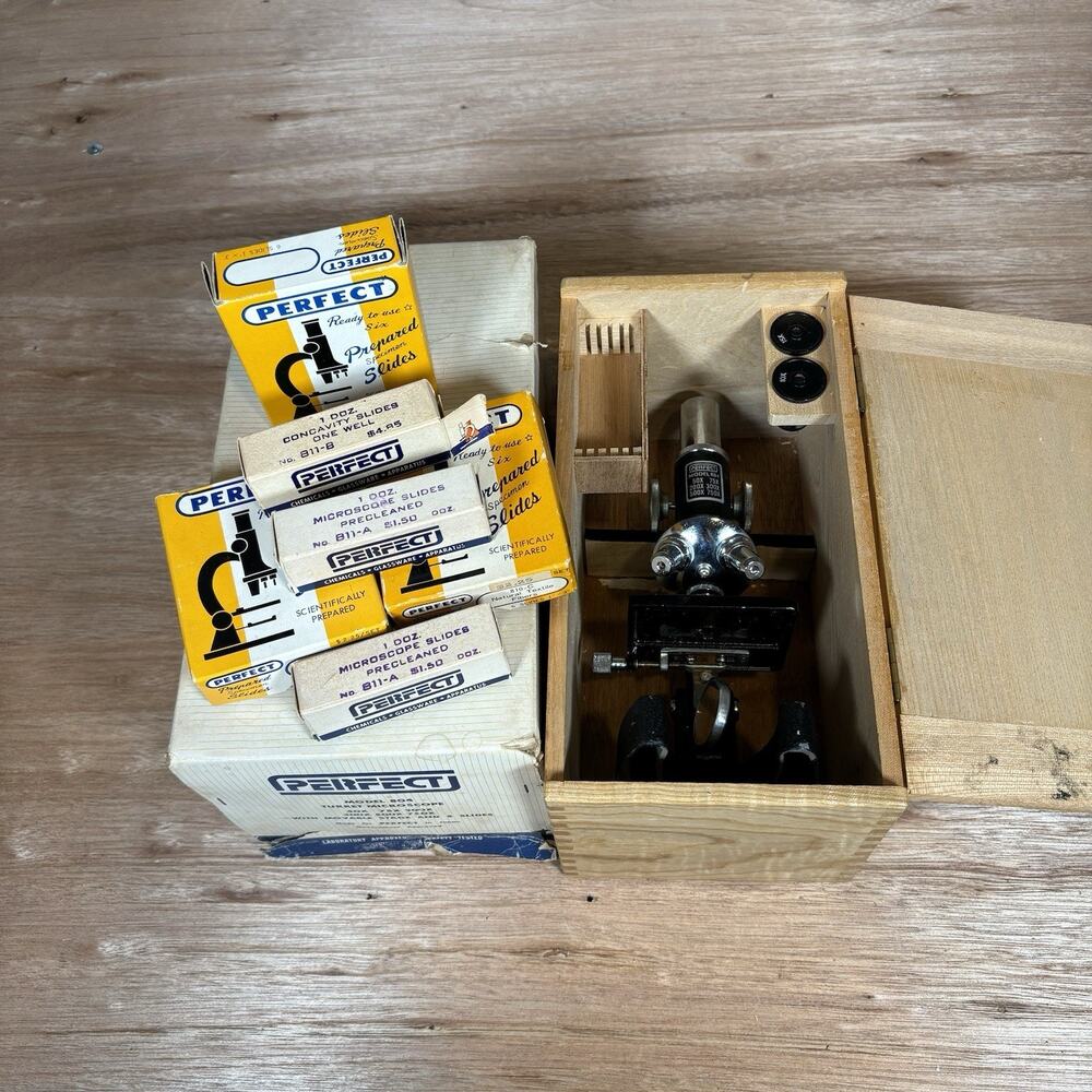 VTG Perfect Microscope Model 804 w/Specimen Slides Wood Box Made In Japan Bundle